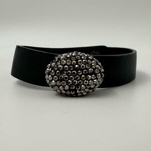 Black Leather Bracelet Silver Studded Oval Accent Snap Closure
